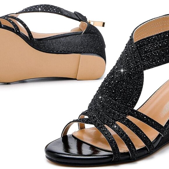Women Wedge Sandals Sparkly Rhinestone Open Toe Dressy Evening Shoes - Picture 7 of 7